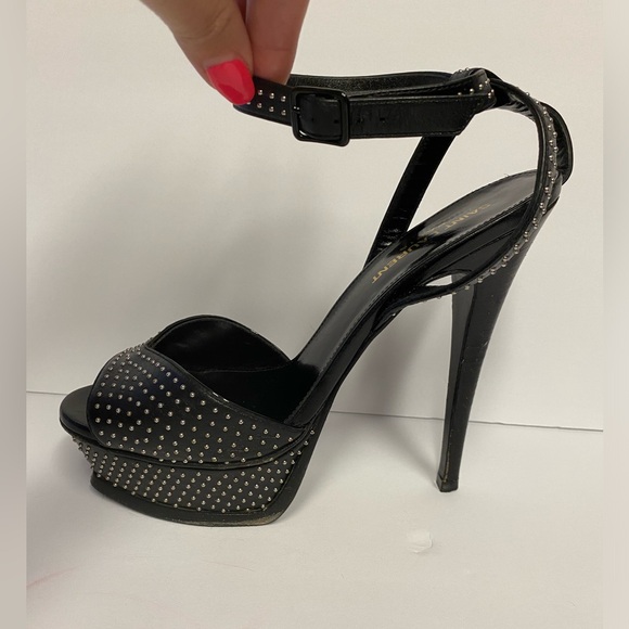 YSL Saint Laurent ankle strap studded sandals heels leather black 37.5 - Picture 3 of 11